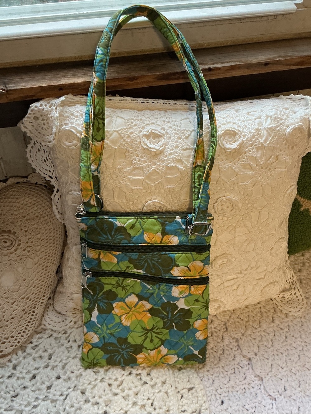 Quilted Floral Crossbody Bag in Green Yellow